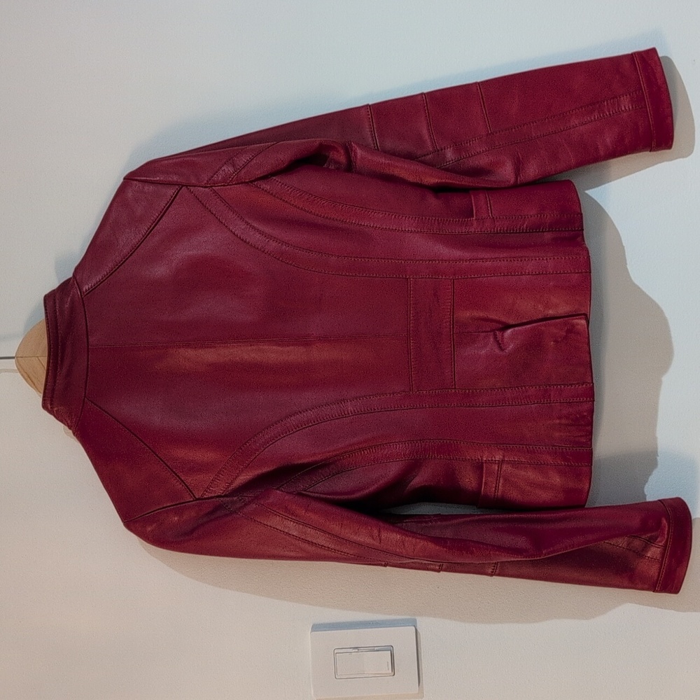 Danier Chery Red Leather Motorcycle Jacket Blazer Size 2XS p2p 17" - Picture 2 of 11